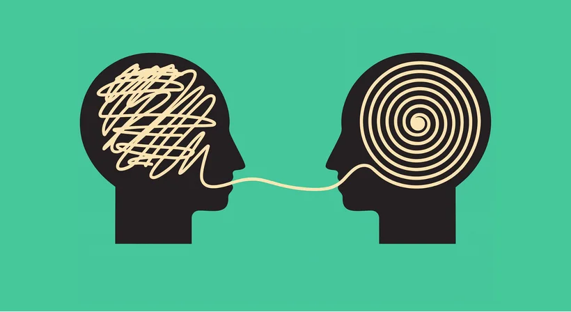 Two illustrated heads connected by a single strand of speech
